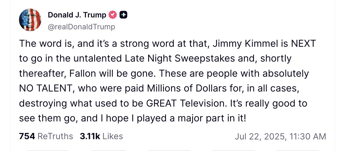 #Trump endurece su campaña contra 1/2s, periodistas y críticos. Ayer escribí de #Colbert, #WSJ... Hoy pone en Truth que ha "oído" que los próximos en caer del late night serán #Kimmel y #Fallon...  "Espero haber jugado un papel importante en ello" elperiodico.com/es/internacion…