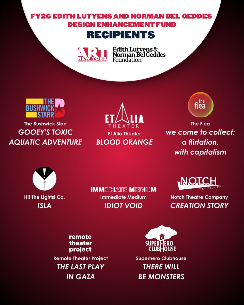 Congrats to the recipients of the 20th Anniversary FY26 Edith Lutyens &amp; Norman Bel Geddes Design Enhancement Fund!
A.R.T./New York is proud to support the following eight companies, who will receive a total of $57,000 to enhance the design elements of their upcoming productions.
