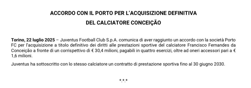 Le cifre definitive dell’affare #Conceicao alla #Juventus: 32 milioni di euro, oneri compresi, cui bisogna aggiungere quanto speso un anno fa per il prestito (7 più 3 di bonus).