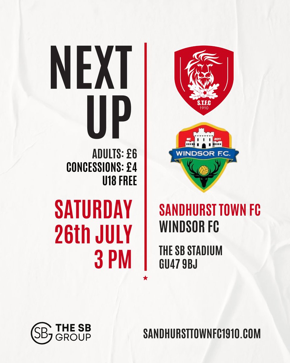 Sandhursttownfc's tweet image. Next Up at the SB Stadium it's our first game of the @ComCoFL 2025/26 season against @windsorfc
Ticket information is below, we look forward to welcoming the Fizzers faithful back to Sandhurst.
@NonLeagueHQ1 @NonLeagueHQ @fiberkshire @FootballWebPgs