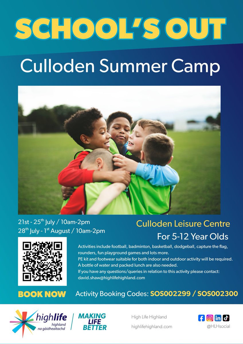 🏖️ School’s Out and summer’s calling!

Join Highlife Highland’s action-packed Summer Sessions next week:
⚽ Football | 🚴 Cycling | 🏉 Rugby | 🌊 Surfing | 🏅 Mini Highland Games
🔗 Book your sessions via the link in our bio