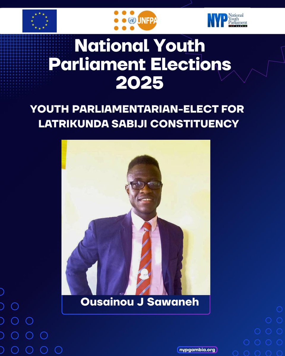 Latrikunda Sabiji 🗳️🔥
Your Youth Parliamentarian-Elect is Ousainou J Sawaneh 🇬🇲
The people have spoken. This is your rep.
Know them. Know their vision. Hold them accountable.
Your seat. Your power. 💪🏽
#LatrikundaSabijiDecides #YouthParliamentarianElect
