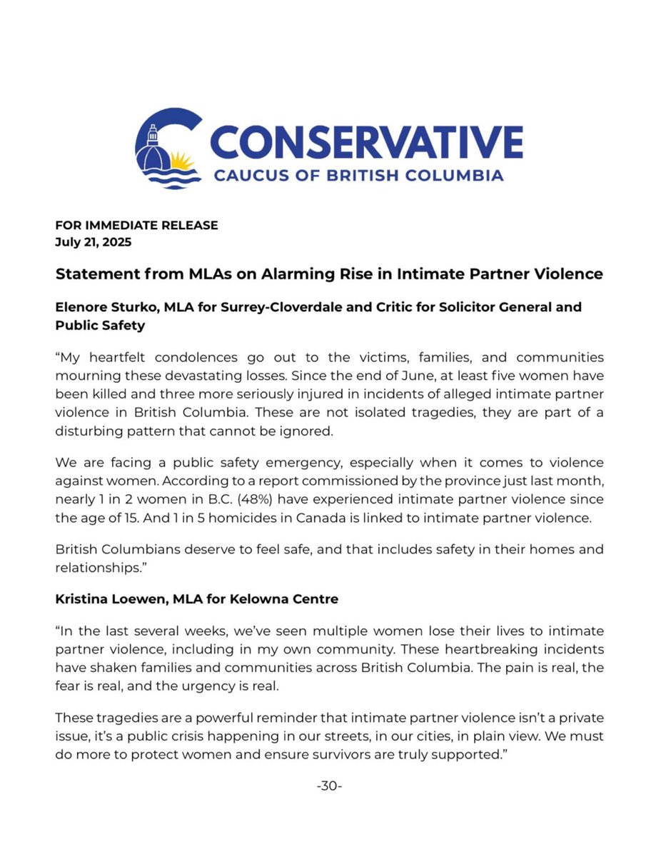 elenoresturko's tweet image. Alarming Rise in Intimate Partner Violence in BC.
Read my statement with @Kristina4BC: