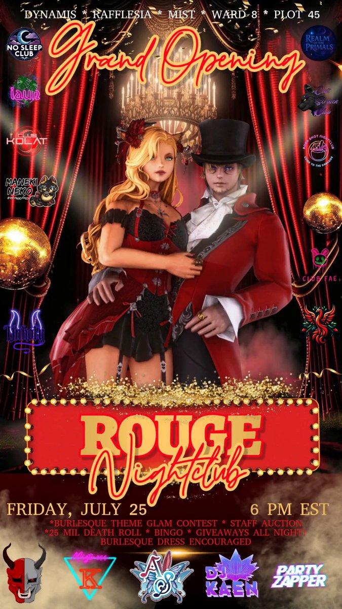 RougeFFXIV's tweet photo. GRAND OPENING: ROUGE NIGHTCLUB – LARGE EDITION!

📍July 25 • 6PM EST • Dynamis Rafflesia Mist W8P45 📍

11-venue collab, 5 DJs, glam contest, staff auction, 25M gil tourney, giveaways &amp; more!! 🎧🤑😘

🌹❤️ Let the debauchery begin ❤️🌹

#ffxiv #rougenightclub #ffxivgpose https://t.co/uKrQM1aWLu