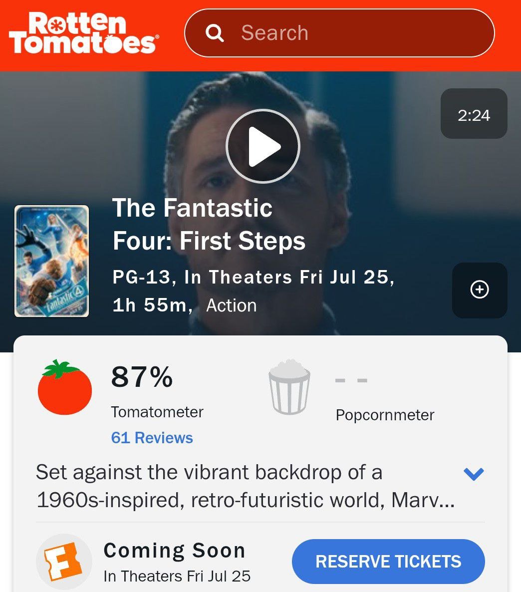 marvel_updat3s's tweet image. ‘THE FANTASTIC FOUR: FIRST STEPS’ debuts with 87% on Rotten Tomatoes from 61 reviews.
The highest-rated #FantasticFour movie.