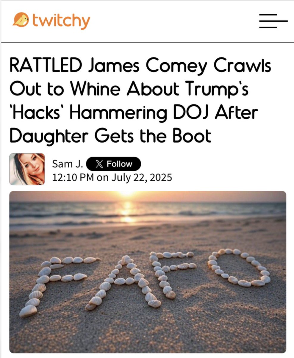 TwitchyTeam's tweet image. RATTLED James Comey Crawls Out to Whine About Trump's 'Hacks' Hammering DOJ After Daughter Gets the Boot
twitchy.com/samj/2025/07/2…