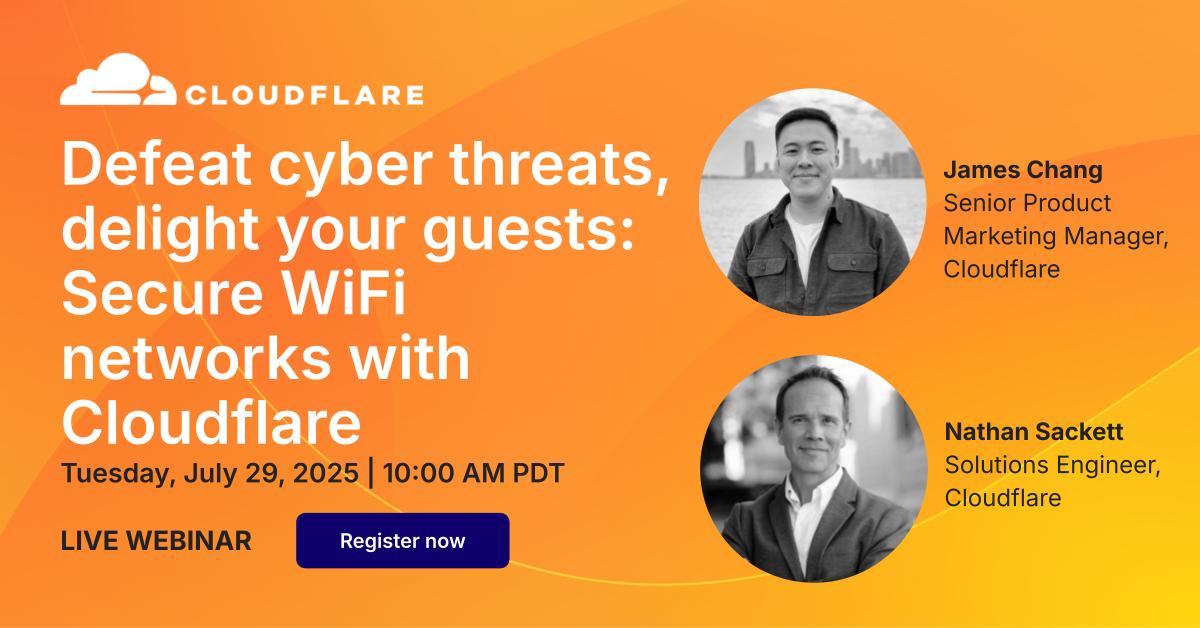 Cloudflare's tweet image. Your guest WiFi should welcome people — not threats.
Join our live webinar to learn how Cloudflare DNS filtering secures networks in retail, healthcare, hospitality & more.
🖥️ Demos, expert tips & real-world use cases.
🔗 Save your spot:cfl.re/44Q00Kx