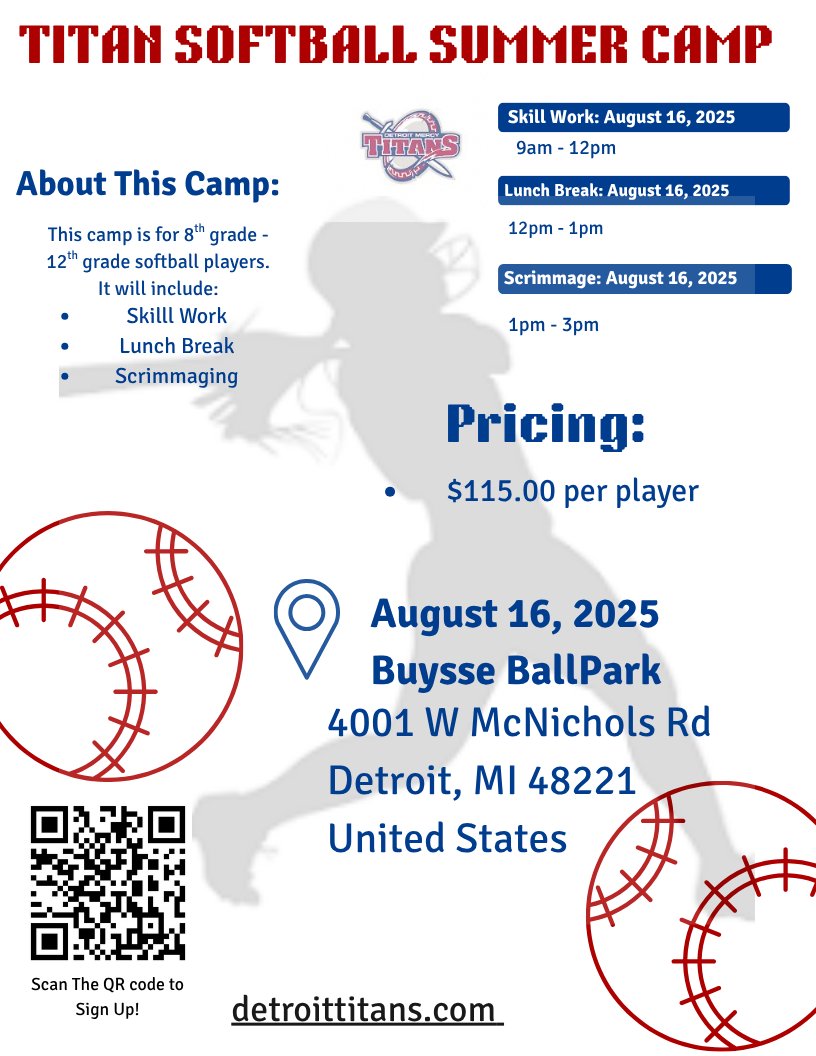 🚨 Now Open!
Join us for the University of Detroit Mercy Prospect Softball Camp 🥎
📅 August 16, 2025
📍 Detroit Mercy Softball Field

Come showcase your skills and get coached by the best!

📲 Scan the QR code and click the link below to register now!