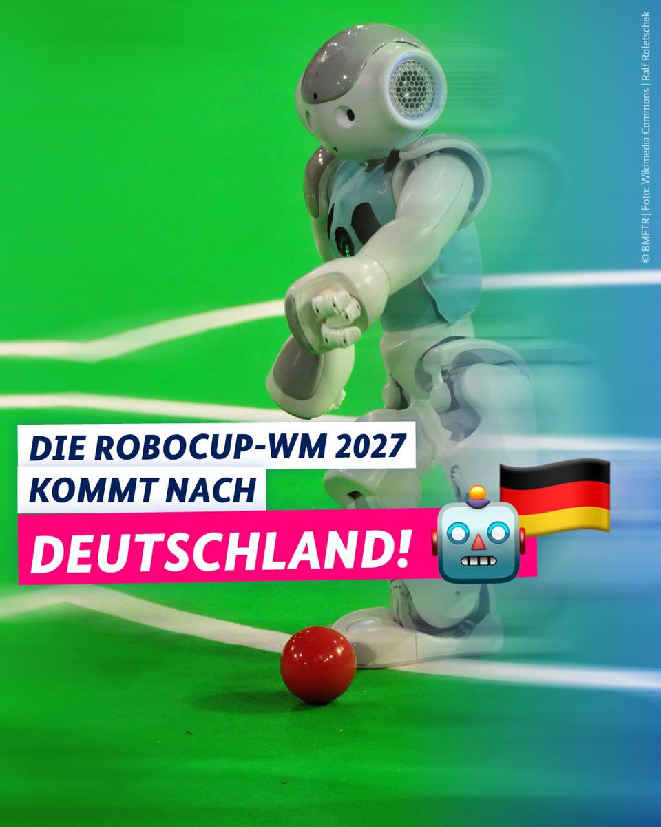 bmftr_bund's tweet image. Nürnberg wird 2027 das weltweite Zentrum für Robotik & KI! Dann messen sich die Teams aus aller Welt von Unis, FHs & Schulen in Disziplinen wie Fußball, Haushaltsrobotik, Rettungs- und Industrieanwendungen beim #RoboCup. #Hightech_Agenda_Deutschland
👉 robocup.de