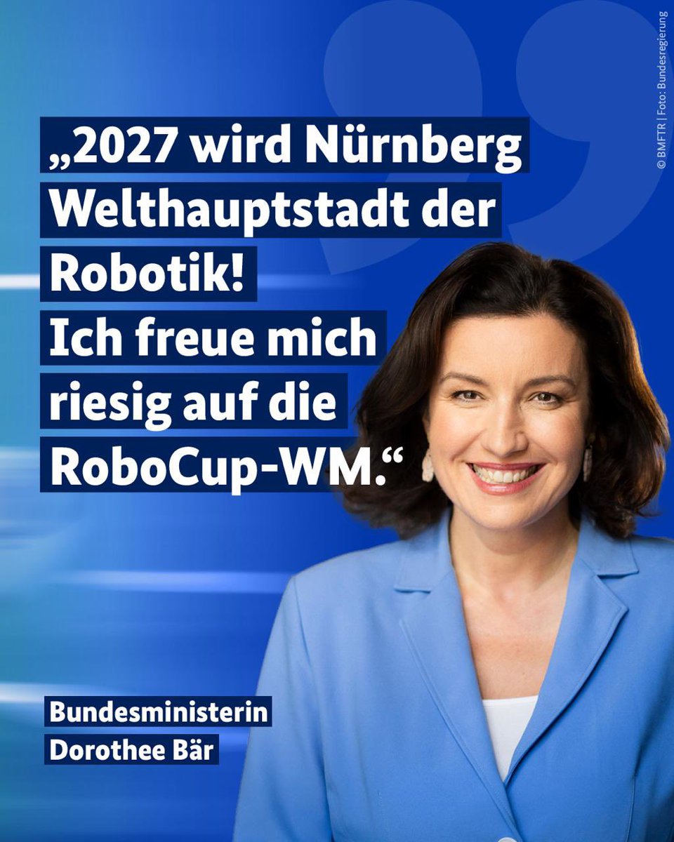bmftr_bund's tweet image. Nürnberg wird 2027 das weltweite Zentrum für Robotik & KI! Dann messen sich die Teams aus aller Welt von Unis, FHs & Schulen in Disziplinen wie Fußball, Haushaltsrobotik, Rettungs- und Industrieanwendungen beim #RoboCup. #Hightech_Agenda_Deutschland
👉 robocup.de