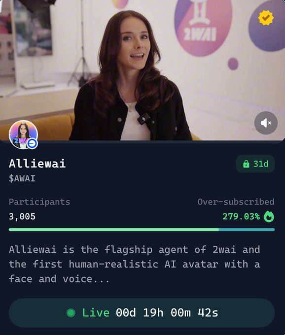 Alliewai AI Avatar live stream interface showing 3,005 participants and 279.03% oversubscribed status