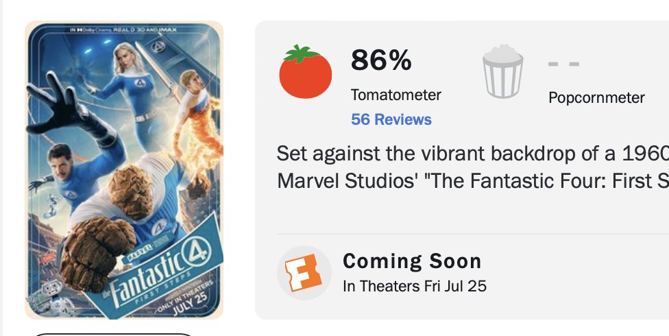 kirkneverdied's tweet image. With over 50 reviews counted, #TheFantasticFour has an 86% on Rotten Tomatoes
