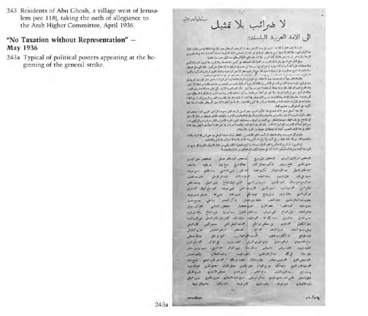 3lfares's tweet image. From the Arab general strike in Palestine 1936:
"No Taxation without Representation"