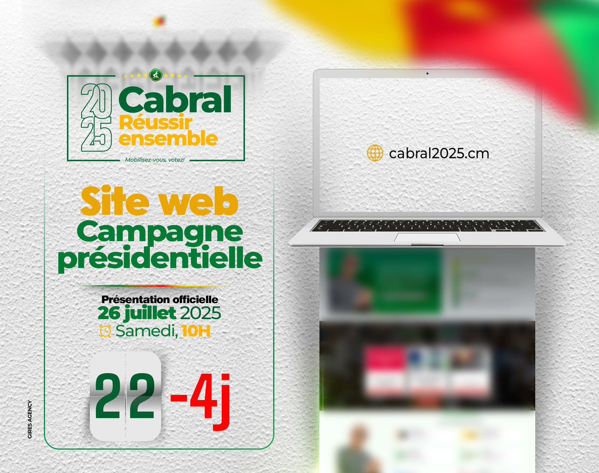 🔴🇨🇲 📣 Plus que 4 jours avant le lancement officiel du site de Cabral Libii, candidat à l’élection présidentielle 🇨🇲 !

Vous y retrouverez :

✅ Son programme
✅ Ses actions sur le terrain
✅ Une plateforme pensée et créée par des jeunes camerounais &amp; camerounaises, ensemble 💪🏾