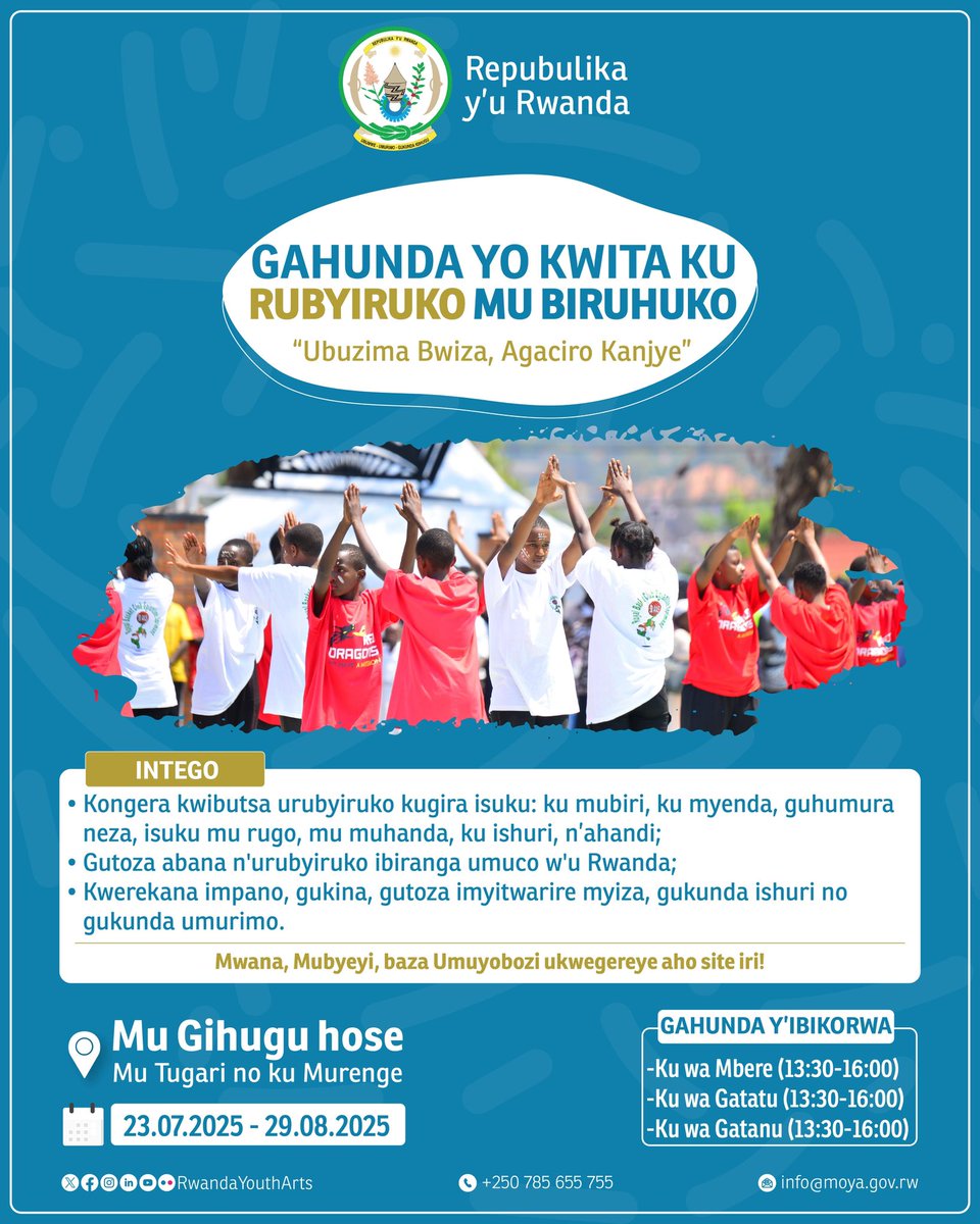 📢Rubyiruko byaza umusaruro ibiruhuko!
Ku wa 23.07.2025 hazatangizwa ‘Gahunda yo kwita ku Rubyiruko mu Biruhuko.’ Iyi gahunda izabera ku rwego rwa buri kagari, hateganyijwe na site y’icyitegererezo imwe muri buri murenge. 
📌Babyeyi, bana mubaze abayobozi aho site iherereye!