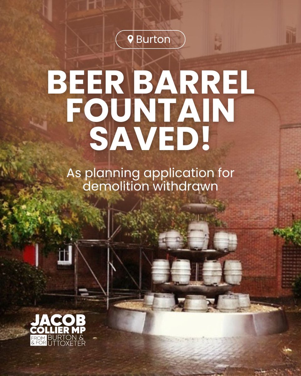 Burton’s beer barrel fountain has been saved! 🎉🍺

I am delighted that the developers have withdrawn their planning application which included the demolition of the beer barrel fountain on Station Street.

Thank you to everybody who got in touch with me.