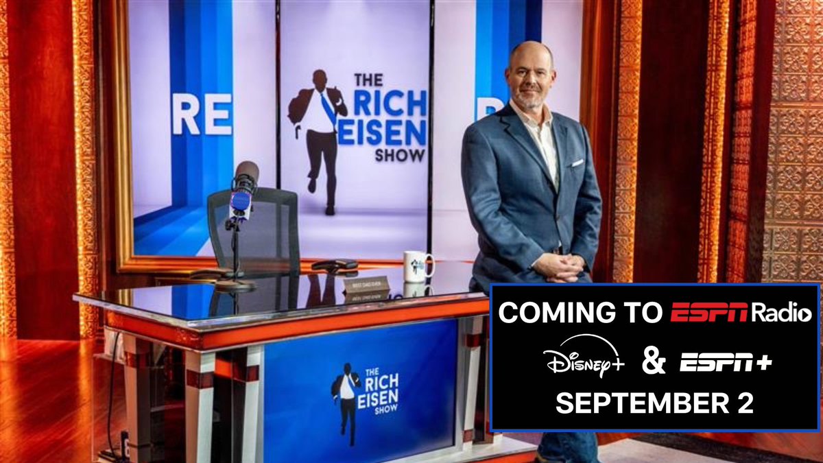 ESPNPR's tweet image. Starting Sept. 2, The @RichEisenShow will broadcast on @ESPNRadio & stream live on @DisneyPlus & ESPN+
In addition, @richeisen will bring his full podcast lineup from 'The Rich Eisen Podcast Network' to ESPN platforms
Details: bit.ly/44GEF6m