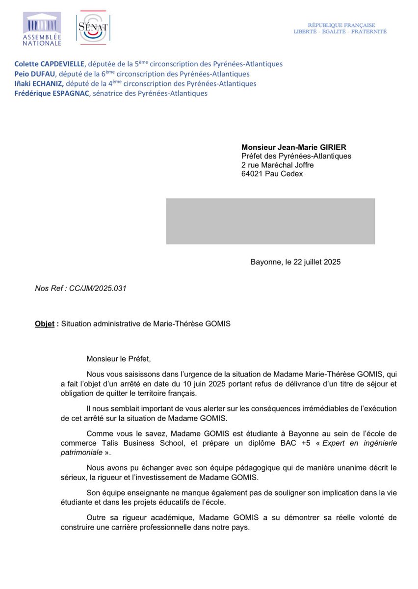 c_capdevielle's tweet image. 🗣 La situation de l'étudiante Marie-Thérèse GOMIS qui fait l'objet d'une OQTF nous semble particulièrement injuste.Elève modèle, investie et travailleuse, elle a toute sa place dans notre pays. Avec mes collègues parlementaires nous saisissons le Préfet des Pyrénées-Atlantiques.
