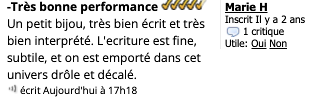 Nouvel avis tout frais… sur TIE-BREAK ! 😊
Encore un. 
Ça fait plaisir.
Du coup, je pense qu’on peut se retrouver ce soir.

📆 22/07 – 🕘 21h15📍La Divine Comédie – Paris

🎟️Réservation de dernière minute ladivinecomedie.qidoon.com/events/3403