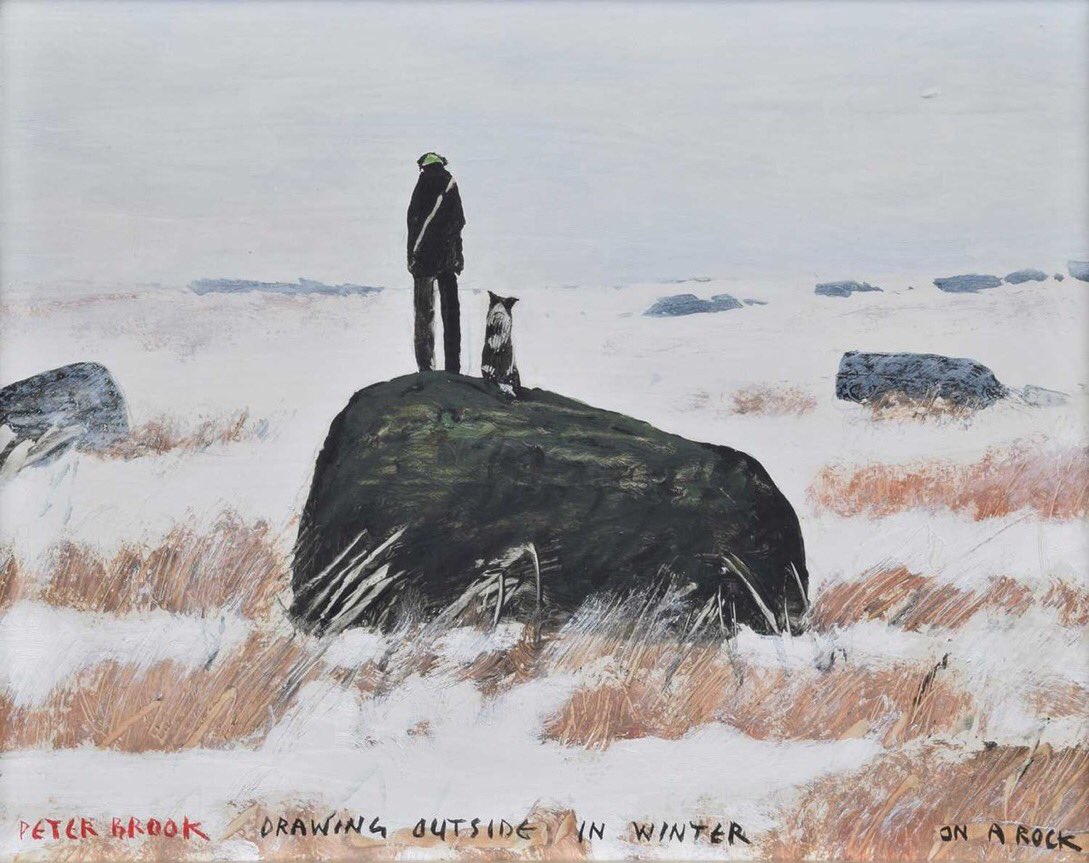 PennineThe's tweet image. Peter Brook often employed his man-and-dog motif to convey a sense of isolation and solitude. In ‘Drawing Outside in Winter - On a Rock’ Peter and Shep are the only sign of life as they gaze into the mist across an empty, boulder-strewn landscape. (Sold @Wilson55Auction in 2020)