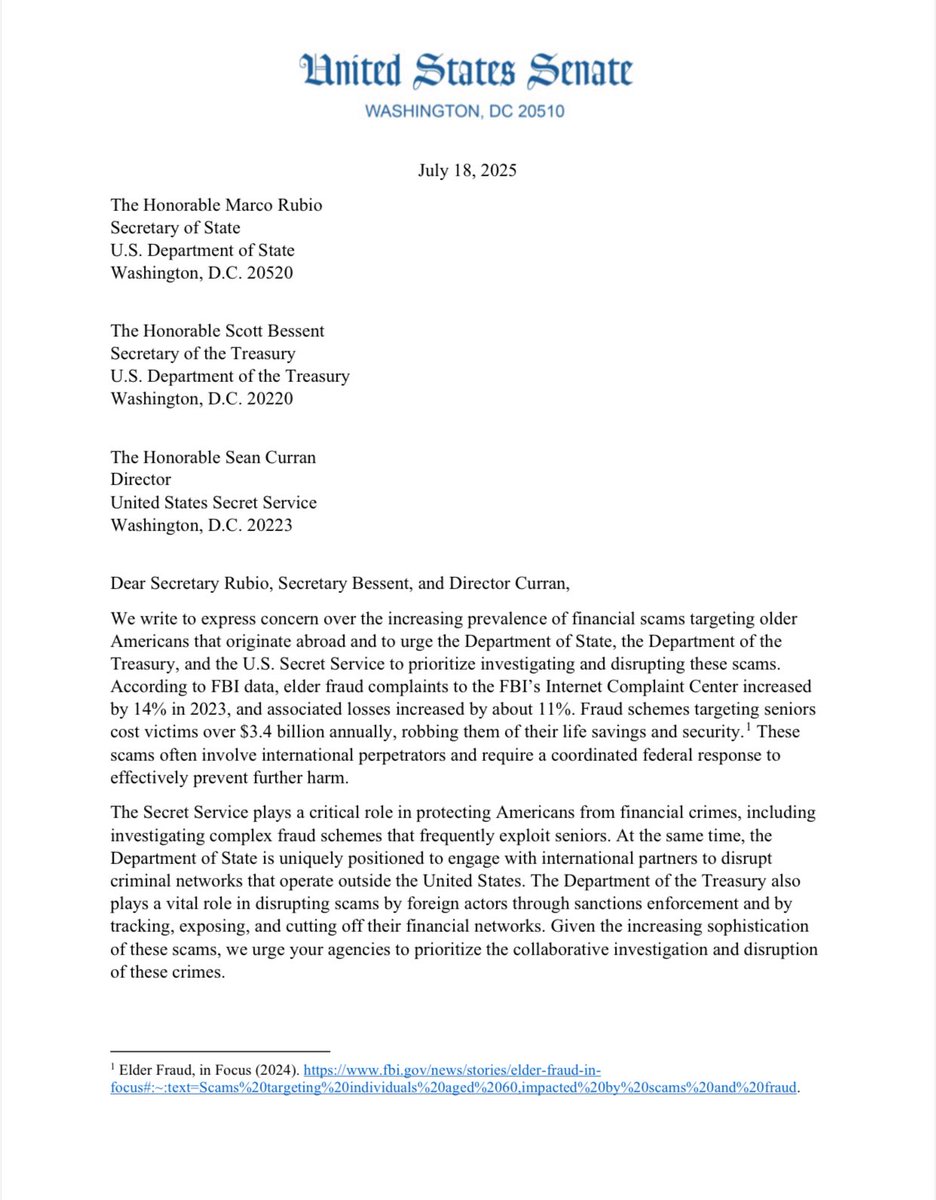 SenateAging's tweet image. 🚨 NEW: Chairman @SenRickScott led his Senate Aging colleagues in a letter urging federal action against foreign scam artists robbing older Americans of their life savings, security & peace of mind.
“Protecting seniors from fraud is not just a financial issue—it is a matter of…