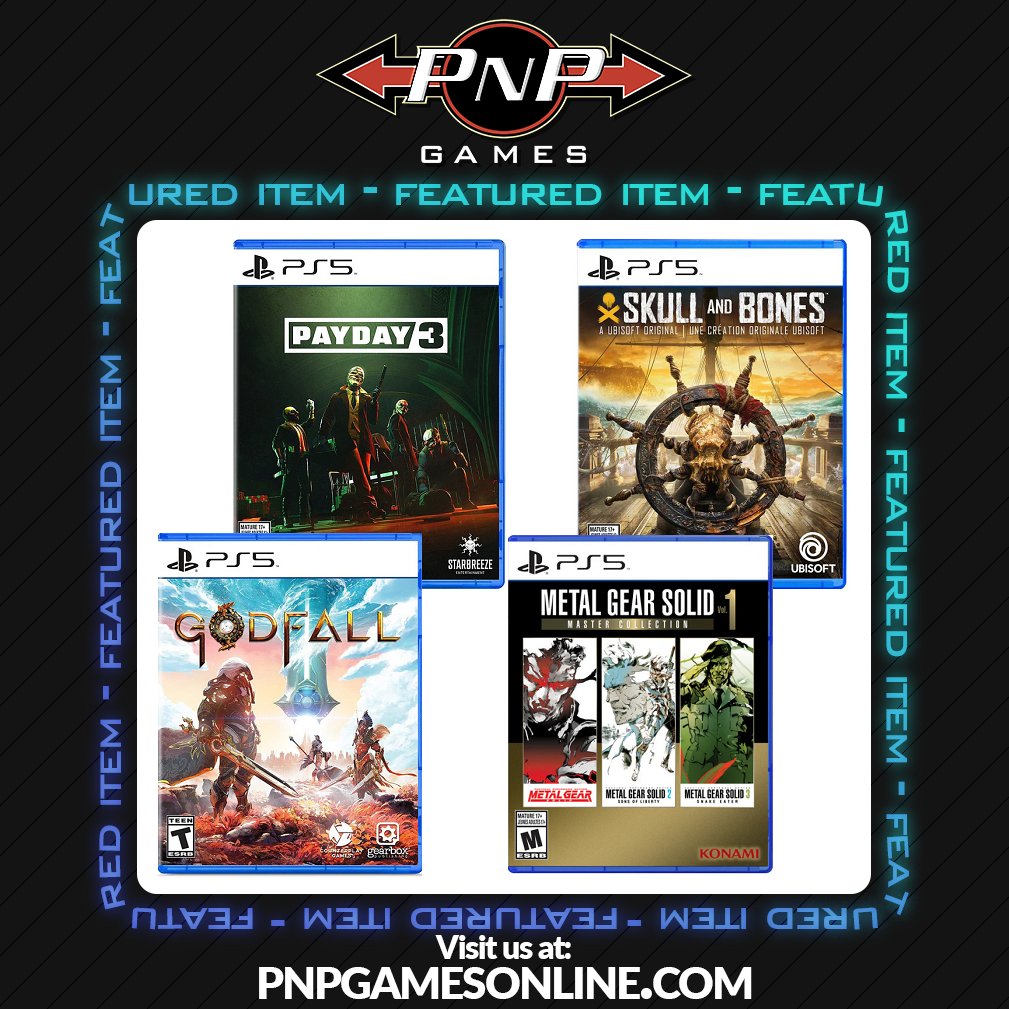 PNPGames's tweet image. PlayStation 5 Titles for $19.99 CAD (~$14.50 USD) and Under at PNP Games!
pnpgamesonline.com/shop/?pr_onsal…
-MGS Master Collection Vol 1
-Skull and Bones
-Payday 3
-Godfall ($9.99 CAD)
...and more!
Browse All #Sales at PNPGAMESONLINE.COM:
pnpgamesonline.com/shop/?pr_onsal…
Orders exceeding $65…