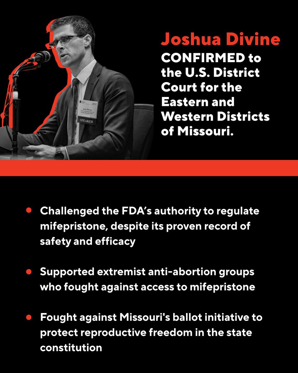 reproforall's tweet image. BREAKING: Josh Divine was just confirmed to the U.S. District Court for the Eastern and Western Districts of Missouri. Divine has sided with anti-abortion extremists at every turn in his career. Follow us to stay up to date on Trump’s terrible judicial nominations.