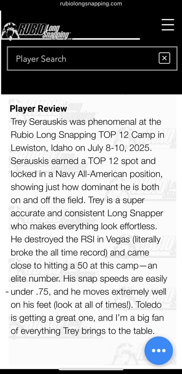Trey Serauskis ‘26 5⭐️ (@trey_serauskis) on Twitter photo Here is my latest review and ranking after the TOP 12 Camp in Lewiston, ID. Thank you <a href="/TheChrisRubio/">Rubio Long Snapping®</a> for pushing me to be my best. My first Rubio Camp was in the Fall of 2023 and here are my accomplishments since:
-2x Regional Camp Finalist
-1x Regional Camp Champ🏆
-3x Vegas Here is my latest review and ranking after the TOP 12 Camp in Lewiston, ID. Thank you <a href="/TheChrisRubio/">Rubio Long Snapping®</a> for pushing me to be my best. My first Rubio Camp was in the Fall of 2023 and here are my accomplishments since:
-2x Regional Camp Finalist
-1x Regional Camp Champ🏆
-3x Vegas