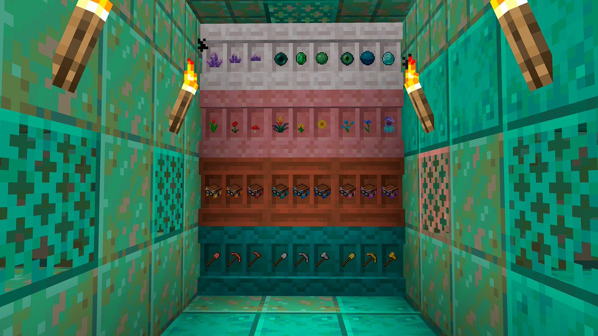 Minecraft's tweet image. The copper golem statue and shelf block are now available for testing!
Watch the copper golem turn into a statue once it’s fully oxidized and test the shelf to display decor or to swiftly swap items from your inventory- out now in Bedrock beta & preview and coming soon to Java…
