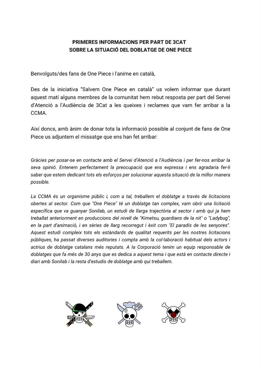 fmcotaku_10's tweet image. Aquesta és la resposta que hem rebut per part de la CCMA i @som3cat.
#onepiececatalà