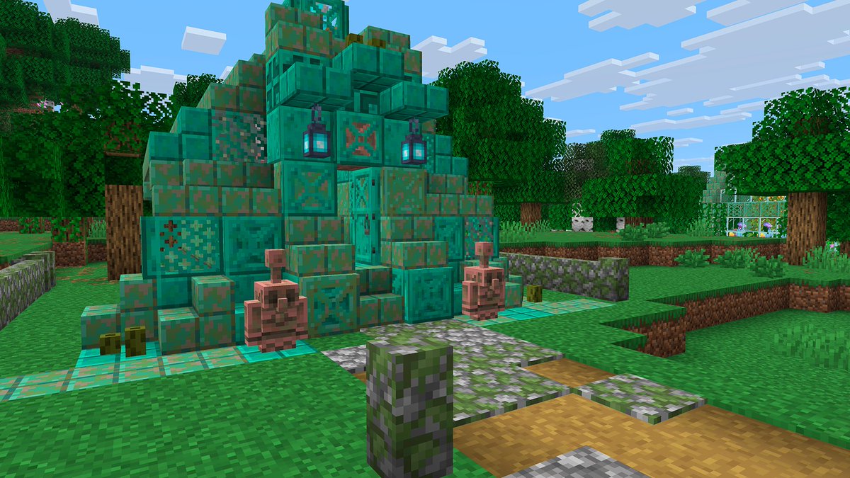 Minecraft's tweet image. The copper golem statue and shelf block are now available for testing!
Watch the copper golem turn into a statue once it’s fully oxidized and test the shelf to display decor or to swiftly swap items from your inventory- out now in Bedrock beta & preview and coming soon to Java…