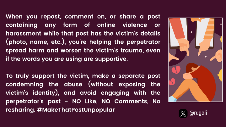 rugoli's tweet photo. Be4 u comment, like, or reshare content dat contains online violence, harassment, etc, pause and think. Even when ur goal is to support d victim, amplifying posts dat reveal their photo, name, or other personal details can further expose them and put their privacy at risk.
#RwOT https://t.co/3kpN2XDFLl