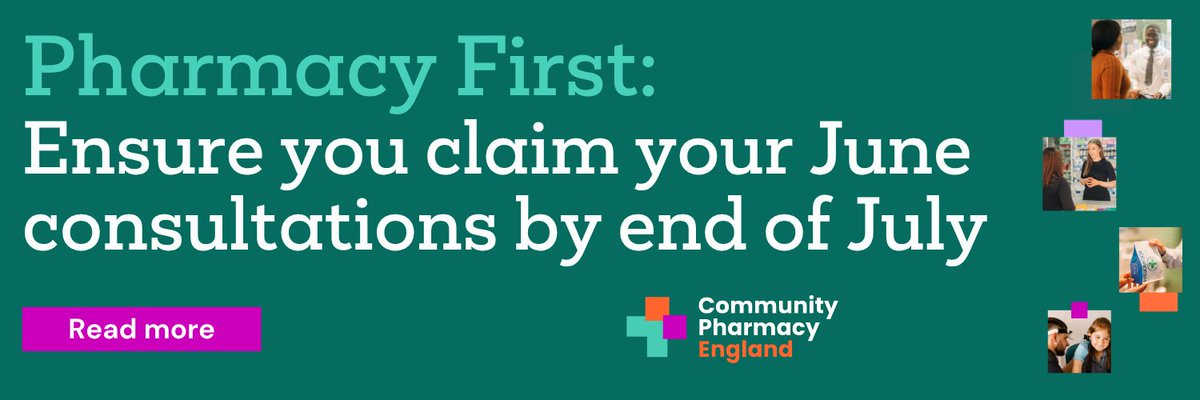 🚨 Reminder🚨

Claim period for Pharmacy First has been reduced to one month and therefore claims for consultations provided in June 2025 must be submitted via the Manage Your Service (MYS) portal by 11:59pm on 31st July 2025.

Tell me more 🔗 bit.ly/3UoYtVP