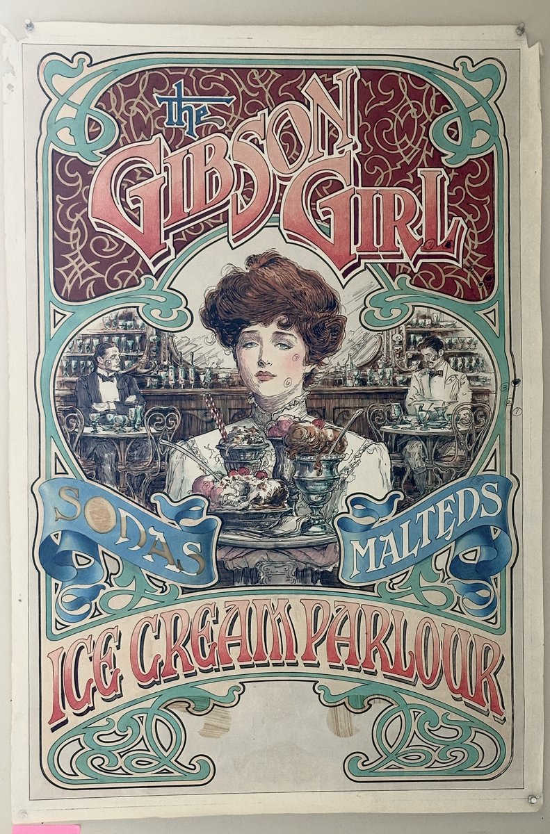 boss_angeles's tweet image. On my wall. Here's Jim Michaelson's colored pencil color comp for Gibson Girl Poster. Note the numbers on everything. I saved it because it treats the illustration as a softer, "tinted illustration". To me, the final silk screen, although more striking, just misses.…