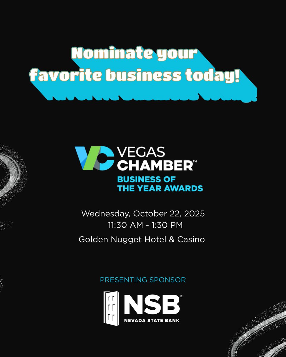Vegas Chamber (@lvchamber) on Twitter photo 👉 Big Impact. Big Recognition. 2025 Business of the Year Awards. Do you know a business that deserves the spotlight?
🌟 Nominate today: lp.constantcontactpages.com/sv/ONNoxx9/BOT…
Presented by <a href="/NevadaStateBank/">NevadaStateBank</a>
#Vegas #Chamberofcommerce #BusinessOfTheYear #VegasBusiness #SupportLocal #Nevada 👉 Big Impact. Big Recognition. 2025 Business of the Year Awards. Do you know a business that deserves the spotlight?
🌟 Nominate today: lp.constantcontactpages.com/sv/ONNoxx9/BOT…
Presented by <a href="/NevadaStateBank/">NevadaStateBank</a>
#Vegas #Chamberofcommerce #BusinessOfTheYear #VegasBusiness #SupportLocal #Nevada