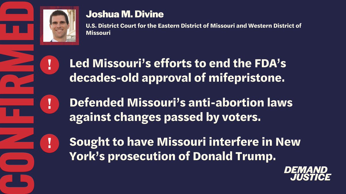 WeDemandJustice's tweet image. Senate Republicans just voted to confirm Josh Divine to a lifetime judgeship in Missouri. Here are some facts about this Trump-appointed judge: