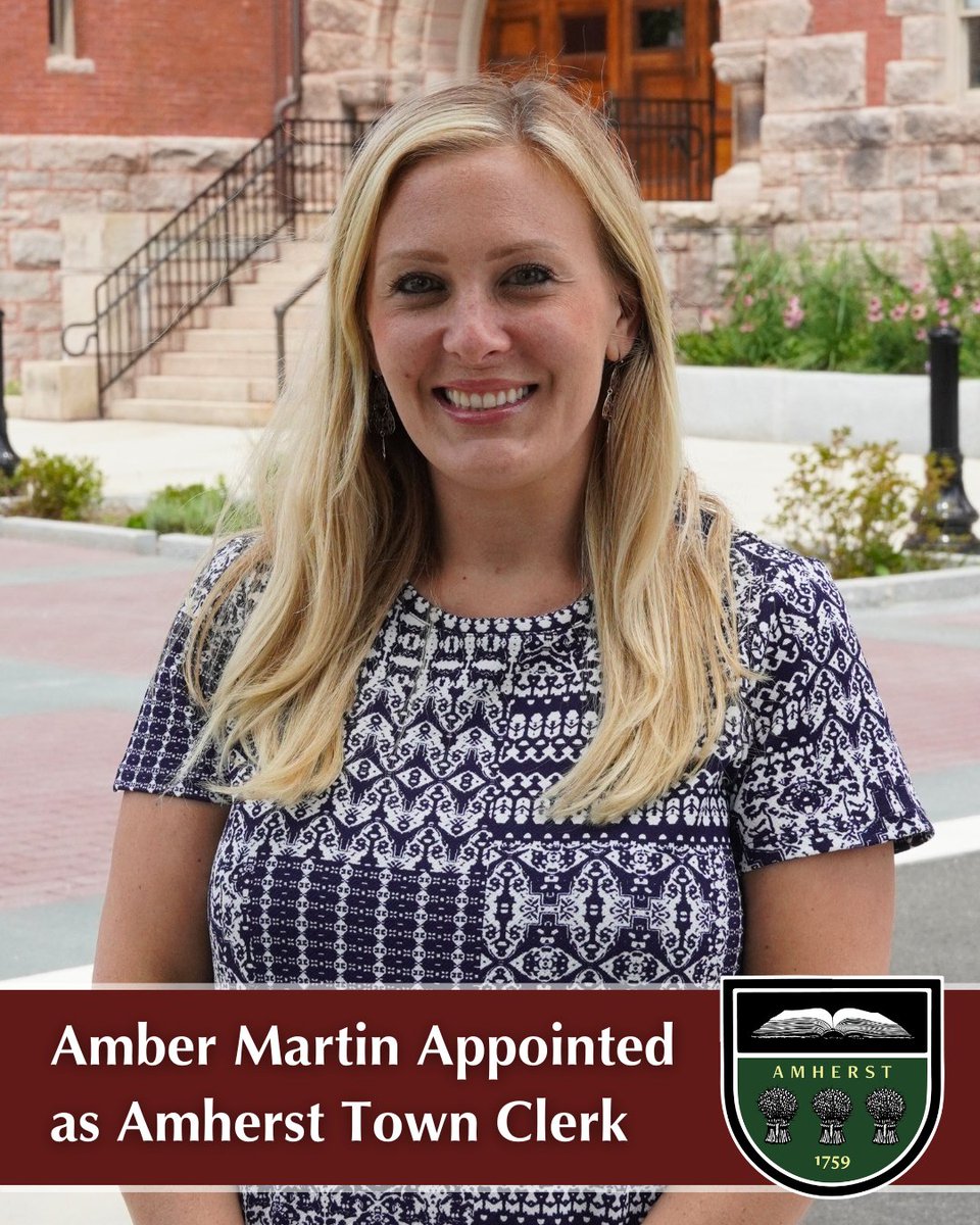TownOfAmherst's tweet image. Join us in congratulating Amber Martin on her appointment as the new Town Clerk for the Town of Amherst! Amber began working in the Town Clerk’s office as a Management Assistant in 2019 and was promoted to Assistant Town Clerk in 2021. 

Learn more: amherstma.gov/CivicAlerts.as…