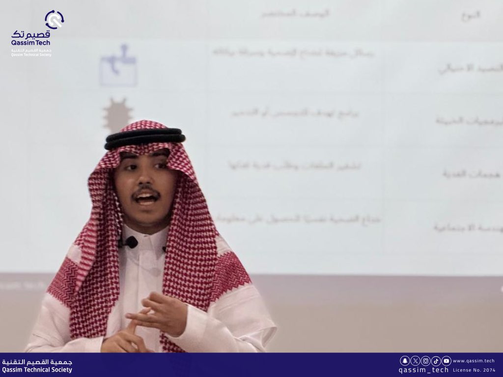 بالتعاون مع مؤسسة الأميرة العنود الخيرية <a href="/AlanoodOrg/">مؤسسة الأميرة العنود</a> وجمعية التنمية الأهلية بحي الفايزية <a href="/feyzih1/">جمعية التنمية الأهلية بحي الفايزية</a> 
أقامت #جمعية_القصيم_التقنية اليوم الثلاثاء 22 يوليو 2025م لقاءً توعوياً بعنوان:
" أمن البيانات والخصوصية الرقمية " 
قدّمه أ. عبدالله العناز، المختص في الأمن السيبراني،
وذلك بمقر