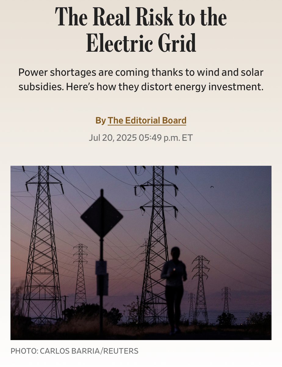 TomSteyer's tweet image. The WSJ's premise that wind & solar destabilize the grid ignores real-world data:
In Texas—leading the nation in renewables—blackout risk dropped from ~12% last August to just 0.30% this year, with electricity prices ~24% below the U.S. average.
More renewables = more…