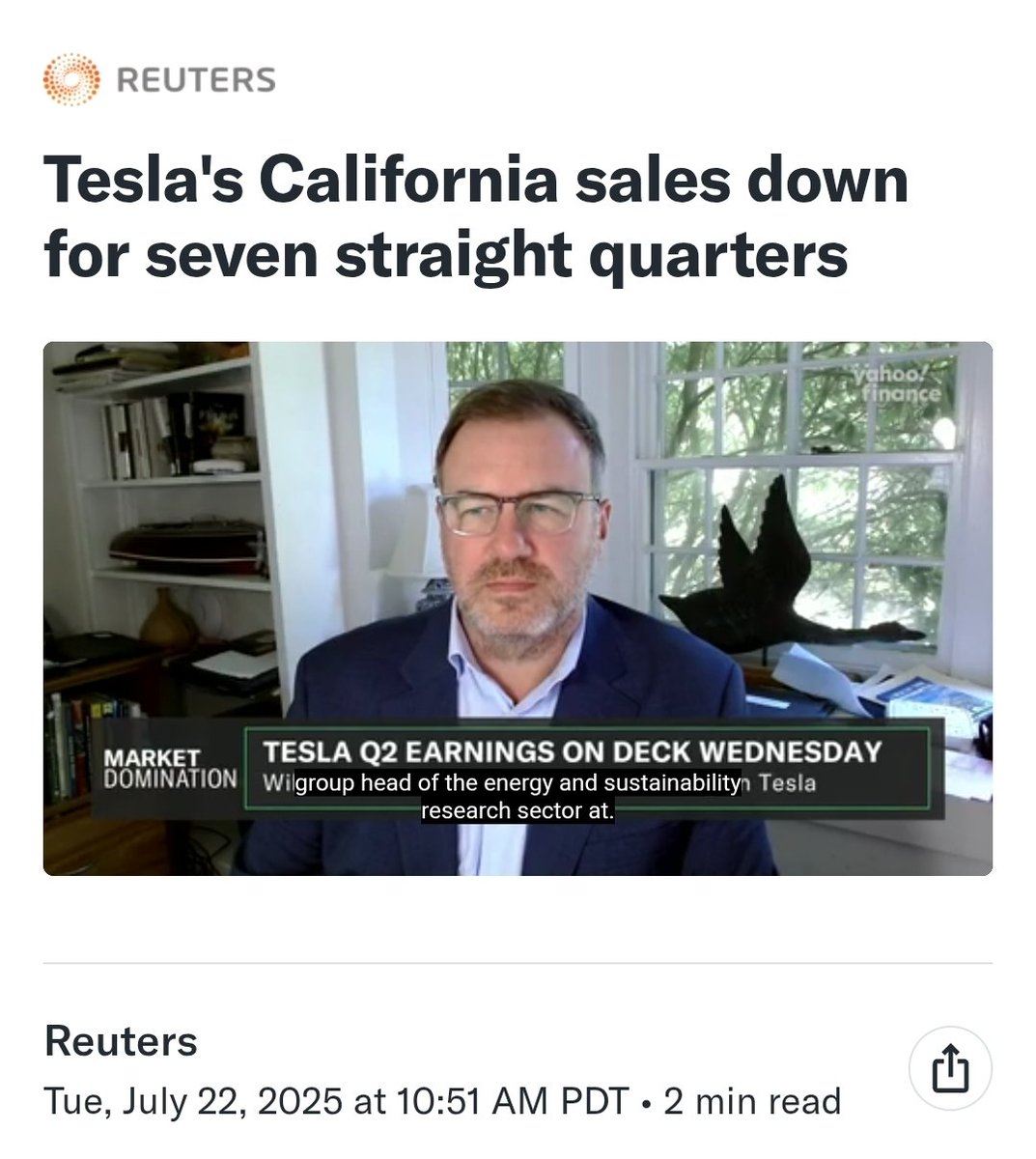 zeroshorts's tweet image. $TSLAQ $TSLA 🥲
"Tesla's electric vehicle registrations in California fell 21.1% in the second quarter, according to industry data, marking the seventh consecutive quarterly drop in the crucial U.S. market."
finance.yahoo.com/news/teslas-se…