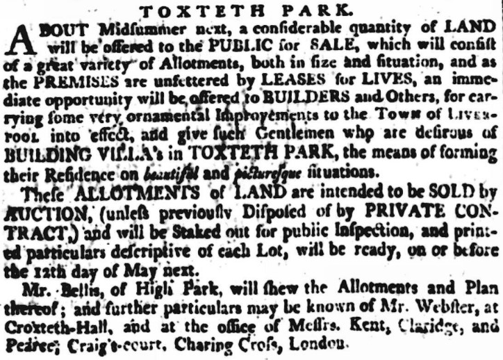 Liverpool1207's tweet image. #Liverpool 23rd July 1800 - A large auction of land in Toxteth Park would see 78 lots for sale