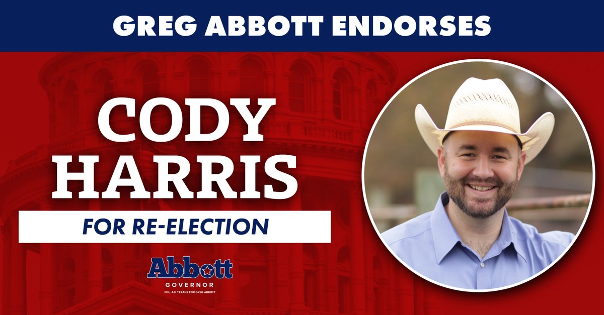 AbbottCampaign's tweet image. Governor @GregAbbott_TX backs @CodyforTexas for re-election to House District 8.
Cody Harris is a conservative warrior who has:
✅Secured our border
✅Lowered property taxes
✅Invested in water infrastructure
Gov. Abbott needs Rep. Harris back in Austin to keep Texas, Texas.