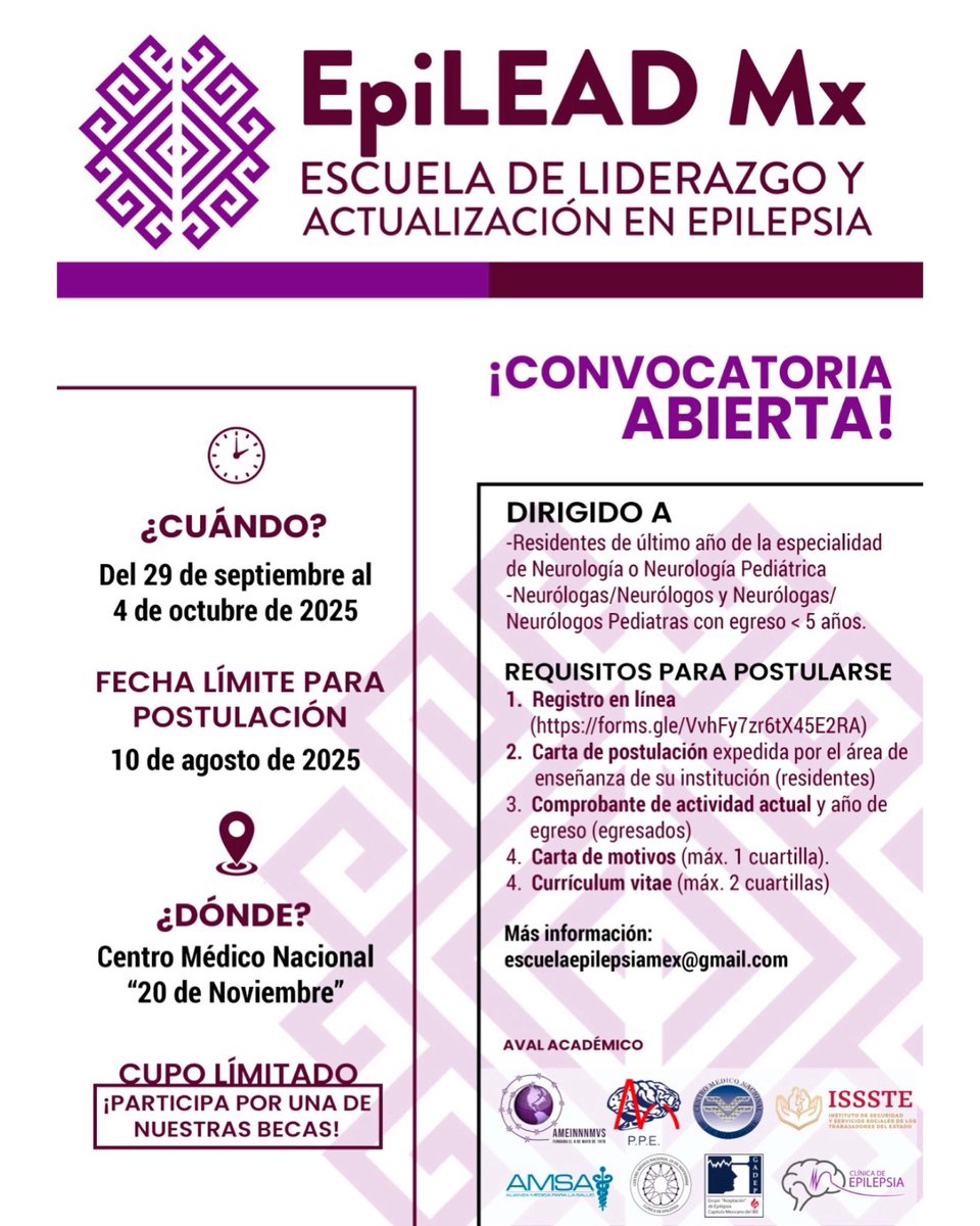AMSA (@amsamexico) on Twitter photo 🧠La Escuela de Liderazgo y Actualización en Epilepsia los invita al Curso EpiLEAD Mx.
🗓️29 de septiembre al 4 de octubre 
📍Centro Médico Nacional 20 de Noviembre. 
🔗 forms.gle/VvhFy7zr6tX45E…
📧 escuelaepilepsiamex@gmail.com
🚨Tienes hasta el 10 de agosto para postularte. 🧠La Escuela de Liderazgo y Actualización en Epilepsia los invita al Curso EpiLEAD Mx.
🗓️29 de septiembre al 4 de octubre 
📍Centro Médico Nacional 20 de Noviembre. 
🔗 forms.gle/VvhFy7zr6tX45E…
📧 escuelaepilepsiamex@gmail.com
🚨Tienes hasta el 10 de agosto para postularte.