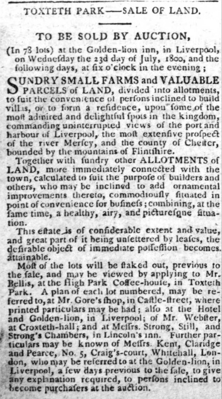 Liverpool1207's tweet image. #Liverpool 23rd July 1800 - A large auction of land in Toxteth Park would see 78 lots for sale