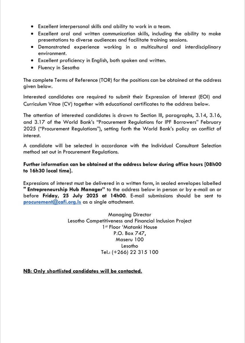 We invite suitably qualified candidates to apply for the position of The Entrepreneurship Hub Manager. #cafiproject #lstwitter #lesotho