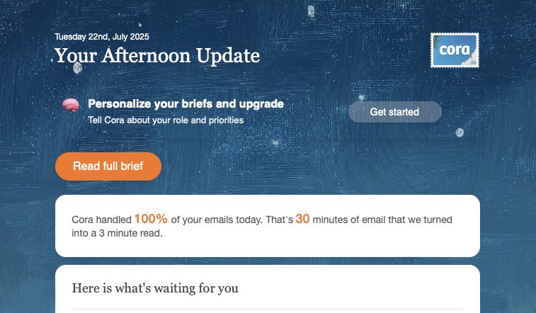 andruyeung's tweet image. I barely read my emails anymore.
I use an AI tool called Cora, which reads and triages my emails, sending me an update on what I missed, twice a day.
It summarizes all my newsletters and puts them in bullet points so I can easily skim. It's too good.
Everyone I know is…
