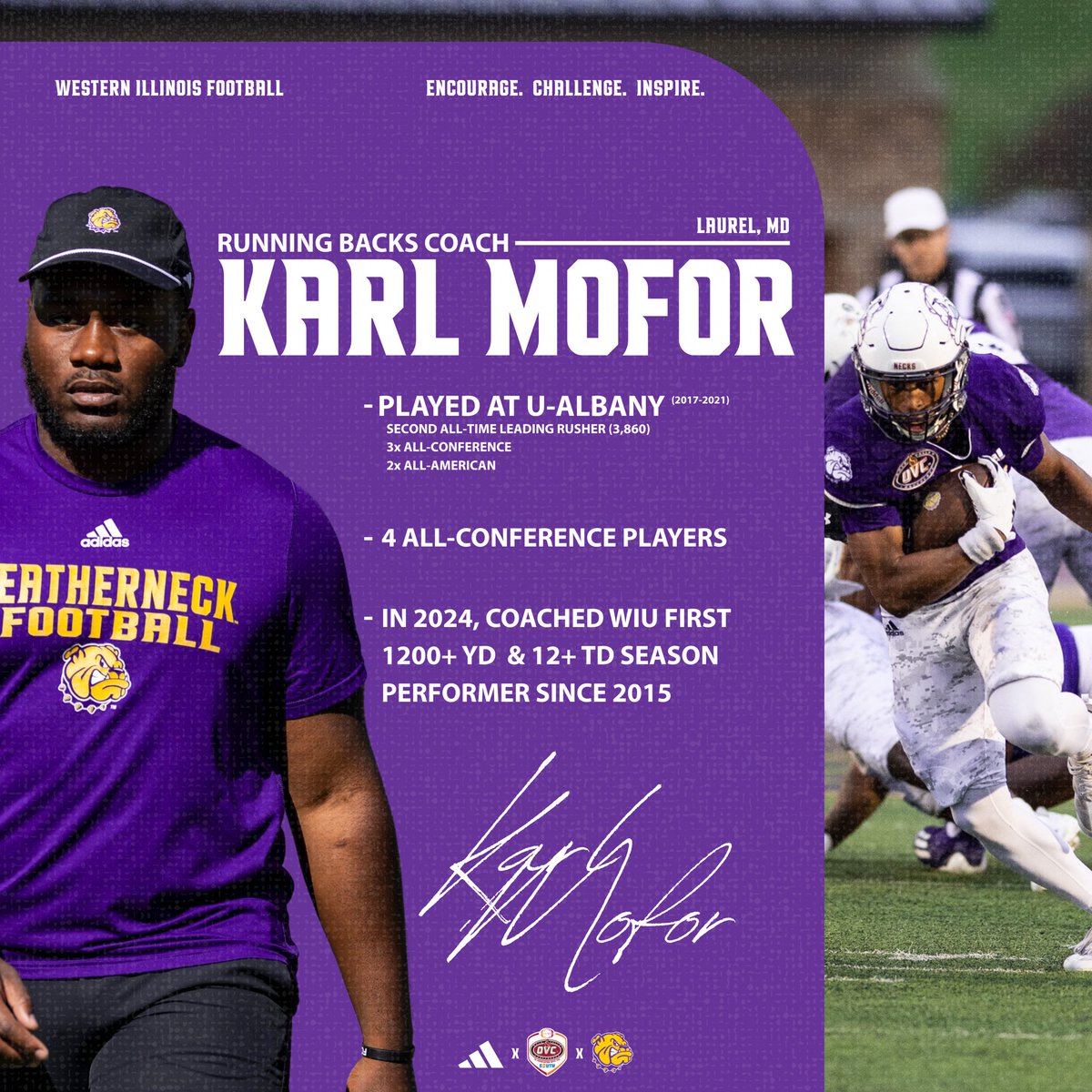 WIUFootball's tweet image. 🟣🟡Meet the Staff🟣🟡

Big time players make big time plays🎮

Let’s welcome our Running Backs Coach Karl Mofor as he enters his 2nd season with Western Illinois Football!

#GoNecks | #OneGoal | #ECI
