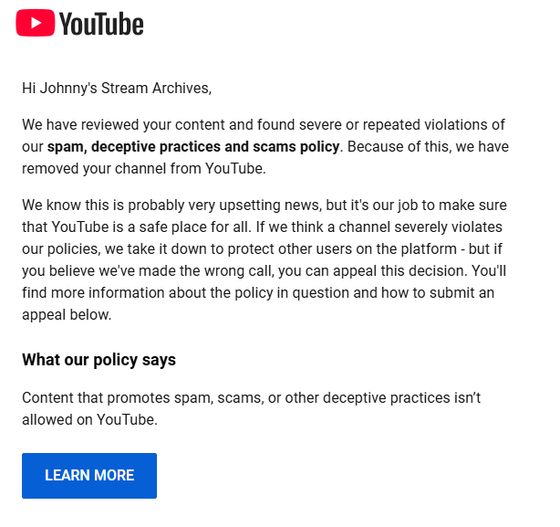 Somecallmejon's tweet image. Oy, @TeamYouTube, my stream archive channel was removed for spam? I've been uploading vods on that channel for a couple of years now, what gives?