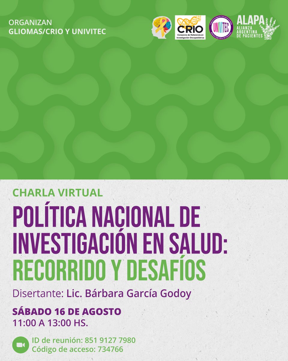 ✅ Política nacional de investigación en Salud: recorrido y desafíos 🇦🇷
📲 Invitamos a la charla virtual que se hará el sábado 16 de agosto de 11.00 a 13.00 hs

🙋‍♀️ Con la disertación de la Lic. Bárbara García Godoy

💻 Por Zoom

#SomosALAPA #Pacientes #Salud