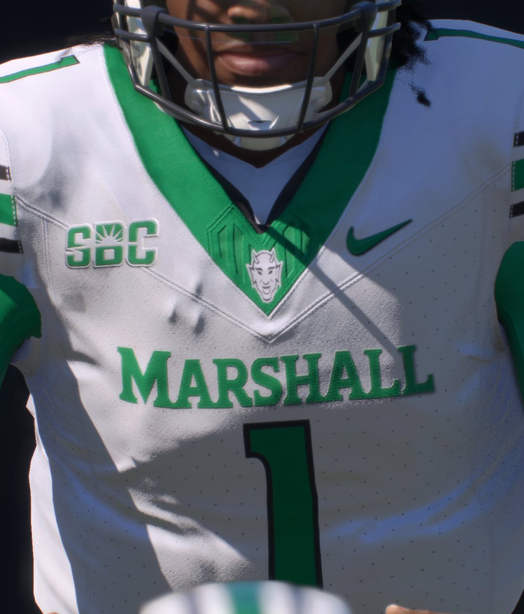 CFBKings's tweet image. There’s an error in CFB26 where Duke’s devil logo is on Marshall’s jerseys 😭